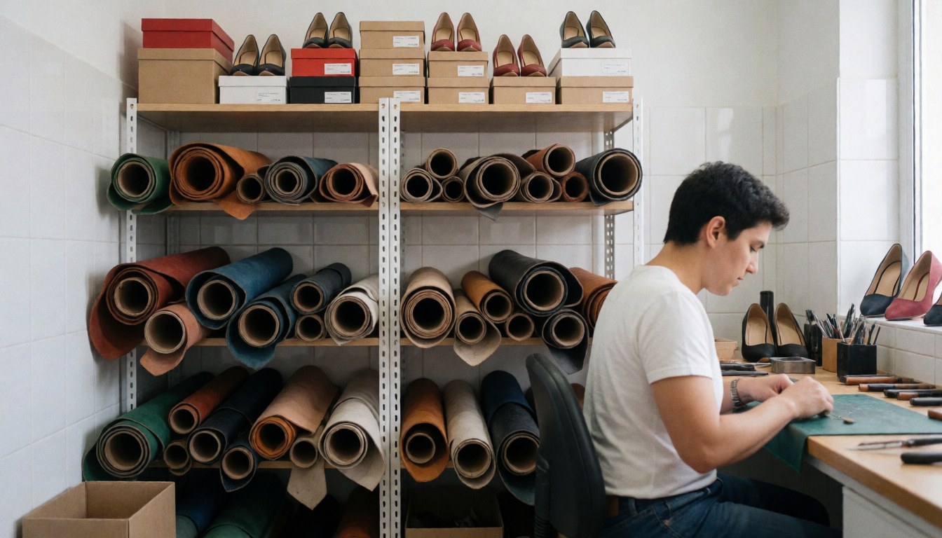 Vue d'un atelier de cordonnier organisé avec des rouleaux de cuir, des chaussures et des outils de travail sur une table près d'une fenêtre.