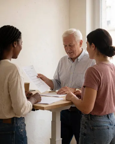 Un homme senior et deux femmes consultent ensemble des papiers sur une table haute dans un environnement professionnel lumineux et naturel.