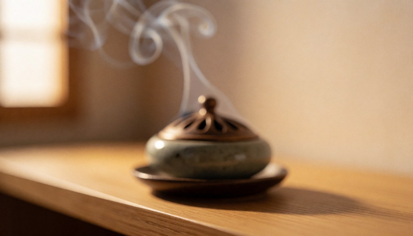 Un encens en céramique émet de la fumée sur une surface en bois, créant une atmosphère relaxante et apaisante pour un espace de bien-être.