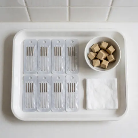 Plateau contenant des aiguilles, du moxa et un tissu stériles pour une séance d'acupuncture.