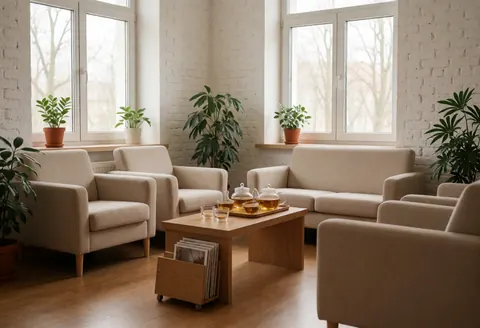 Intérieur lumineux d'une salle d'attente apaisante équipée de fauteuils confortables, d'une table basse et de plantes vertes près d'une fenêtre.