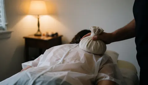Personne recevant un traitement d'acupuncture avec un sac de sel chaud posé sur l'épaule dans une pièce baignée d'une lumière chaleureuse et relaxante.