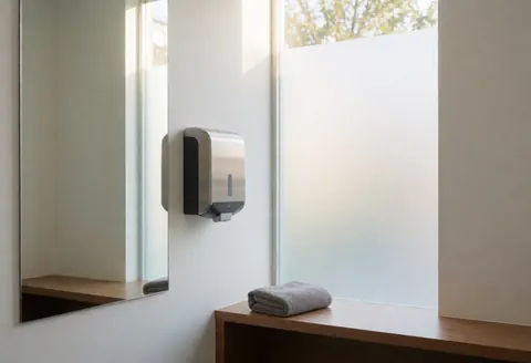 Intérieur d'une cabine d'essayage moderne avec miroir, distributeur de serviettes en acier et fenêtre laissant entrer la lumière naturelle.