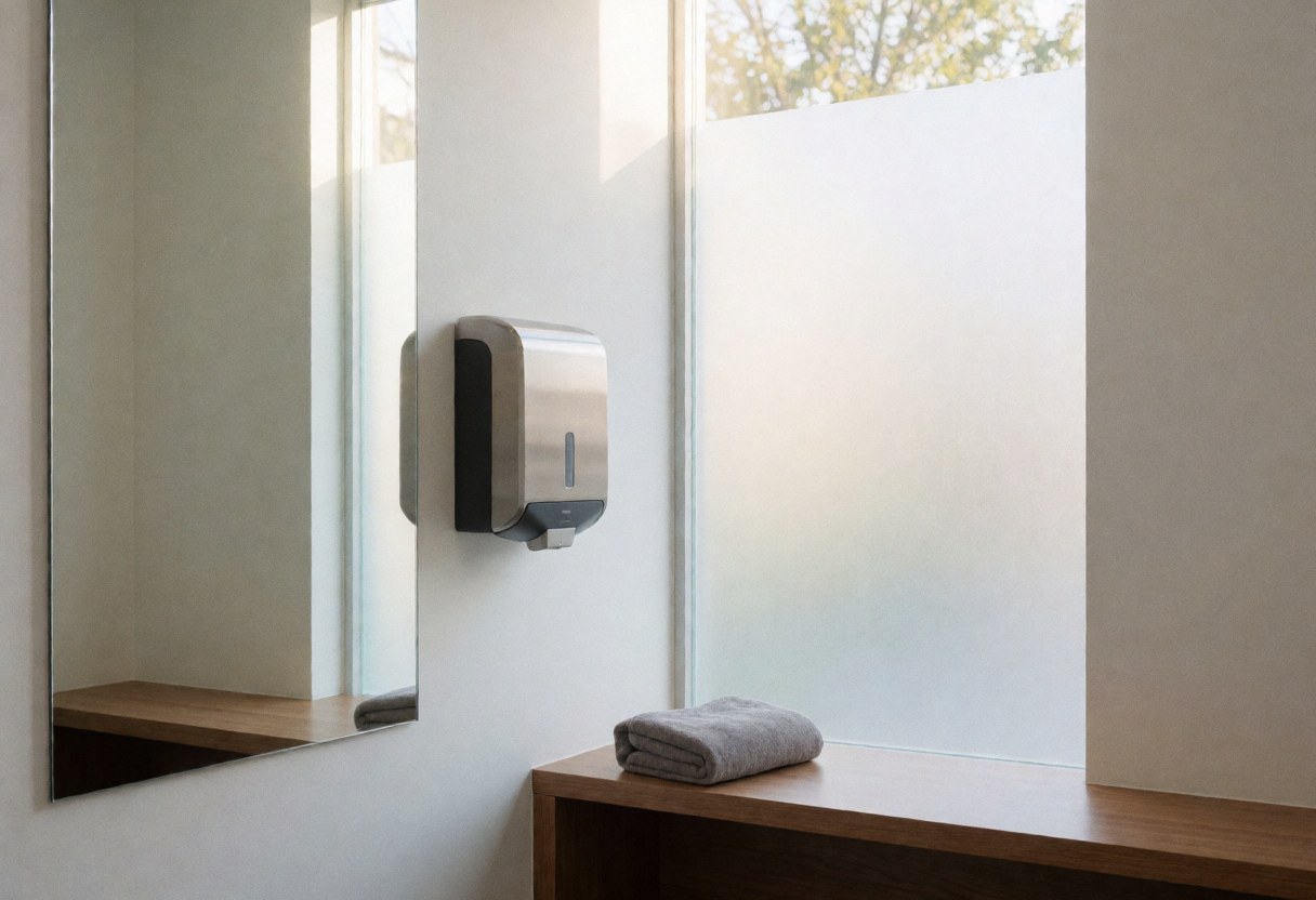 Intérieur d'une cabine d'essayage moderne avec miroir, distributeur de serviettes en acier et fenêtre laissant entrer la lumière naturelle.