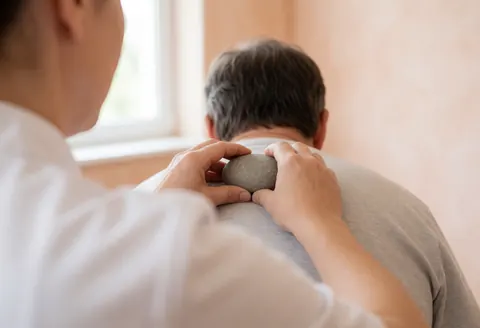 Praticien effectuant un massage aux pierres chaudes sur le dos d'un client allongé en position ventrale.