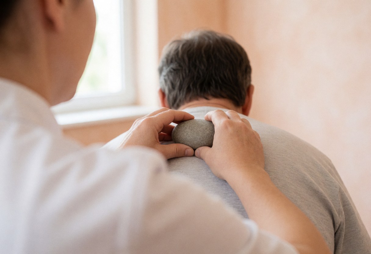 Praticien effectuant un massage aux pierres chaudes sur le dos d'un client allongé en position ventrale.