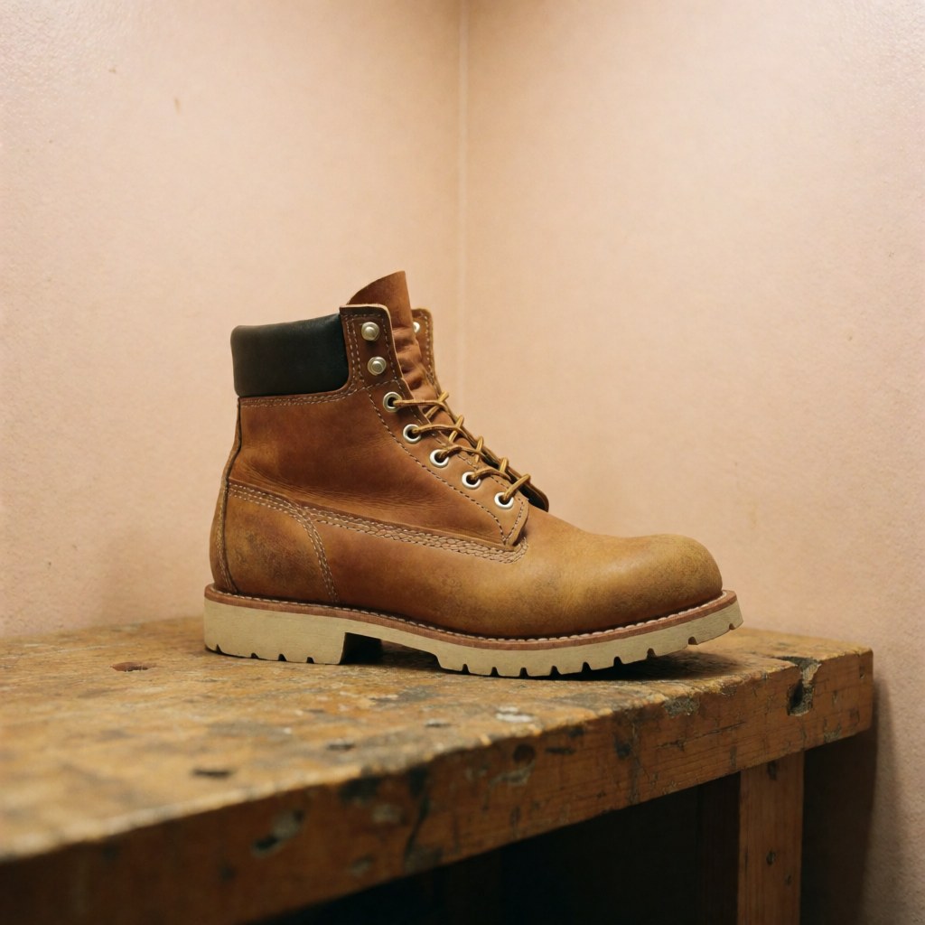 Chaussure de sécurité en cuir marron posée sur un banc de travail en bois texturé, montrant les détails de la restauration et du nettoyage.