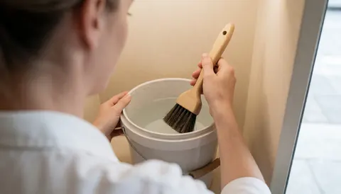 Un professionnel de la chaussure prépare une brosse dans un seau d'eau, illustrant le processus de nettoyage et d'entretien dans un atelier bien éclairé.