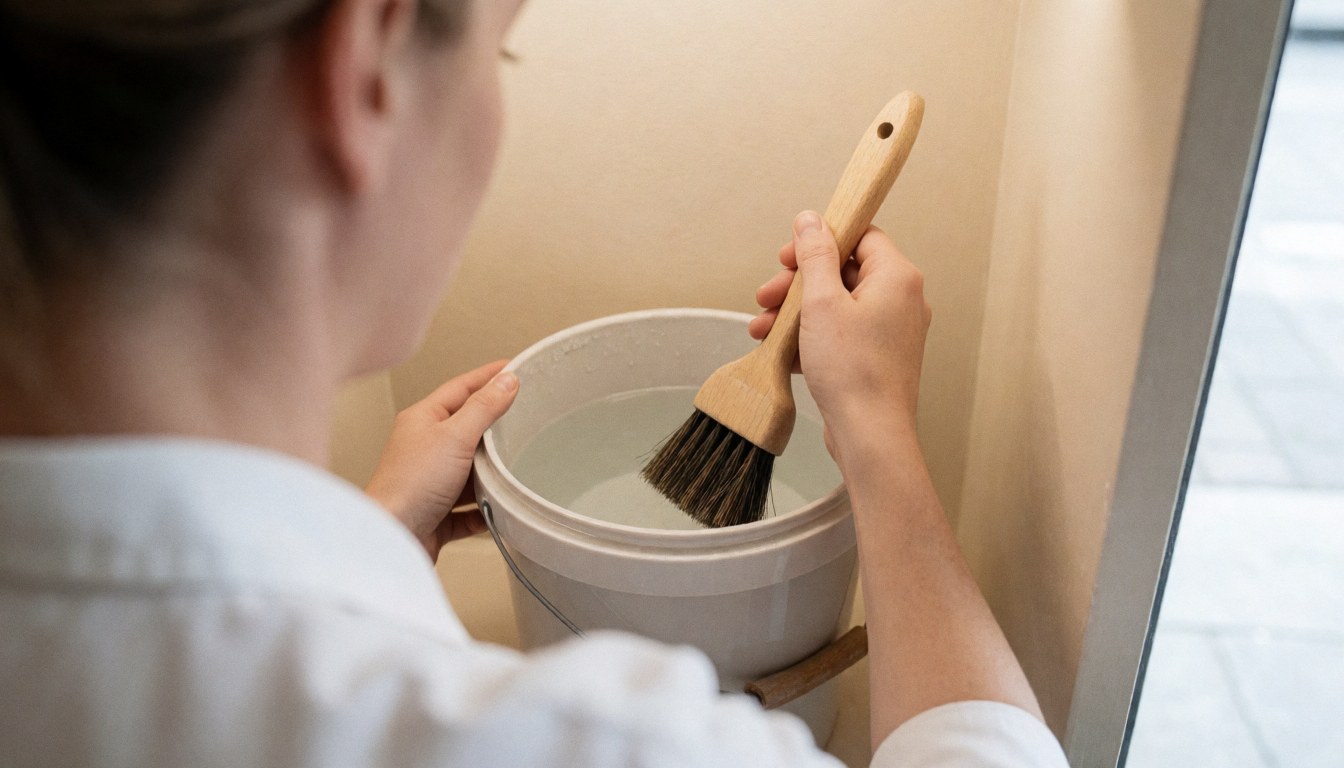 Un professionnel de la chaussure prépare une brosse dans un seau d'eau, illustrant le processus de nettoyage et d'entretien dans un atelier bien éclairé.