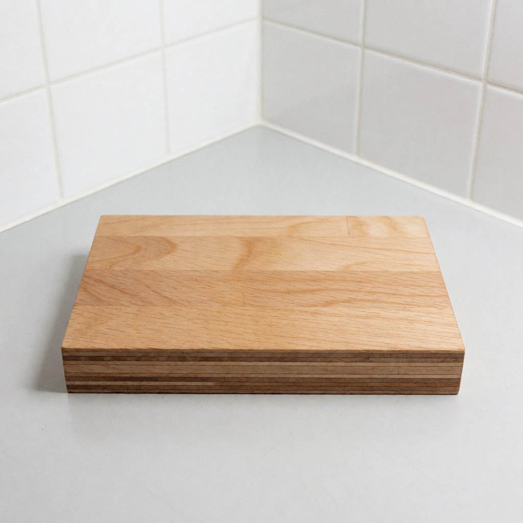 Bloc de talon plat pour chaussures posé sur une surface propre avec des carreaux blancs et une lumière naturelle.
