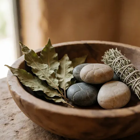 Bol en bois rustique rempli de pierres douces, de feuilles séchées et d'un bouquet d'herbes, évoquant l'acupuncture et la guérison naturelle dans un cadre apaisant.