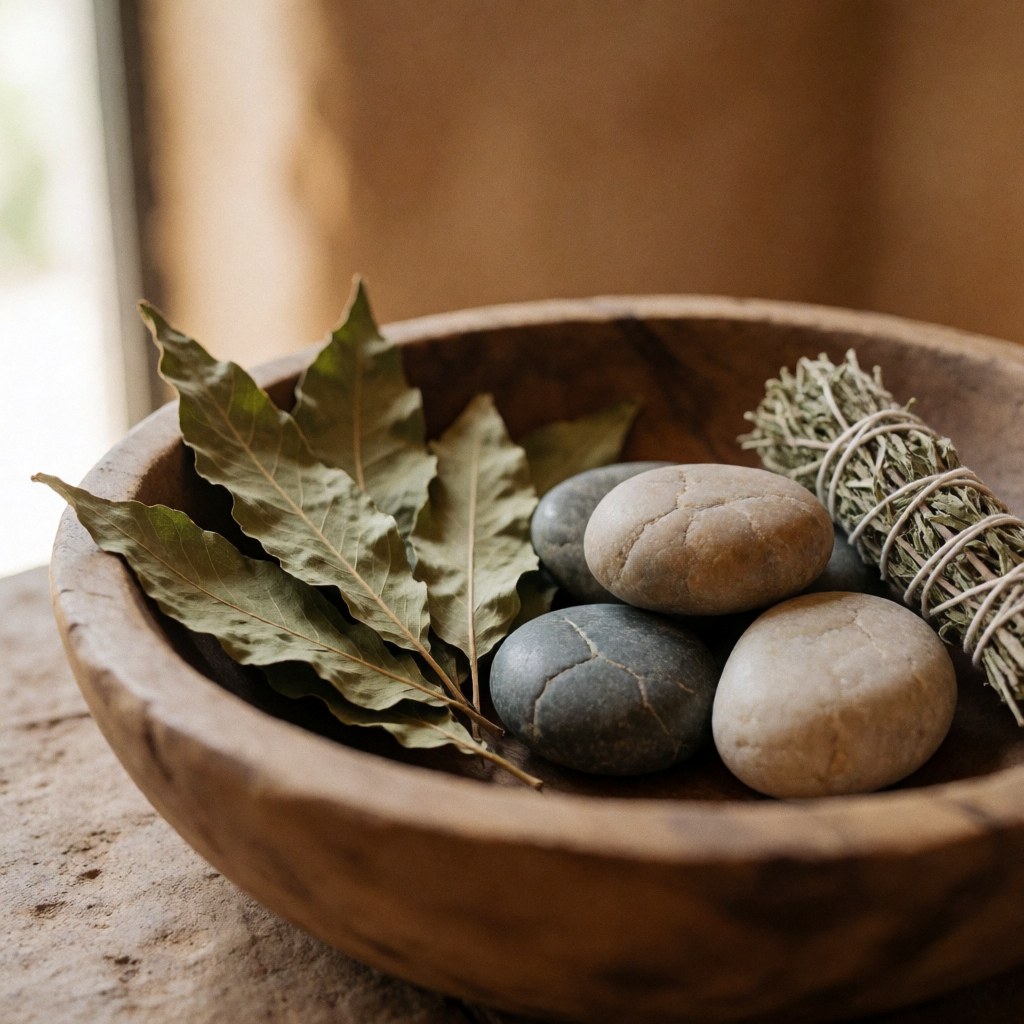 Bol en bois rustique rempli de pierres douces, de feuilles séchées et d'un bouquet d'herbes, évoquant l'acupuncture et la guérison naturelle dans un cadre apaisant.