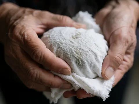 Mains d'un praticien tenant une pierre chauffée recouverte d'un tissu blanc avec de la vapeur visible, évoquant chaleur et bien-être.