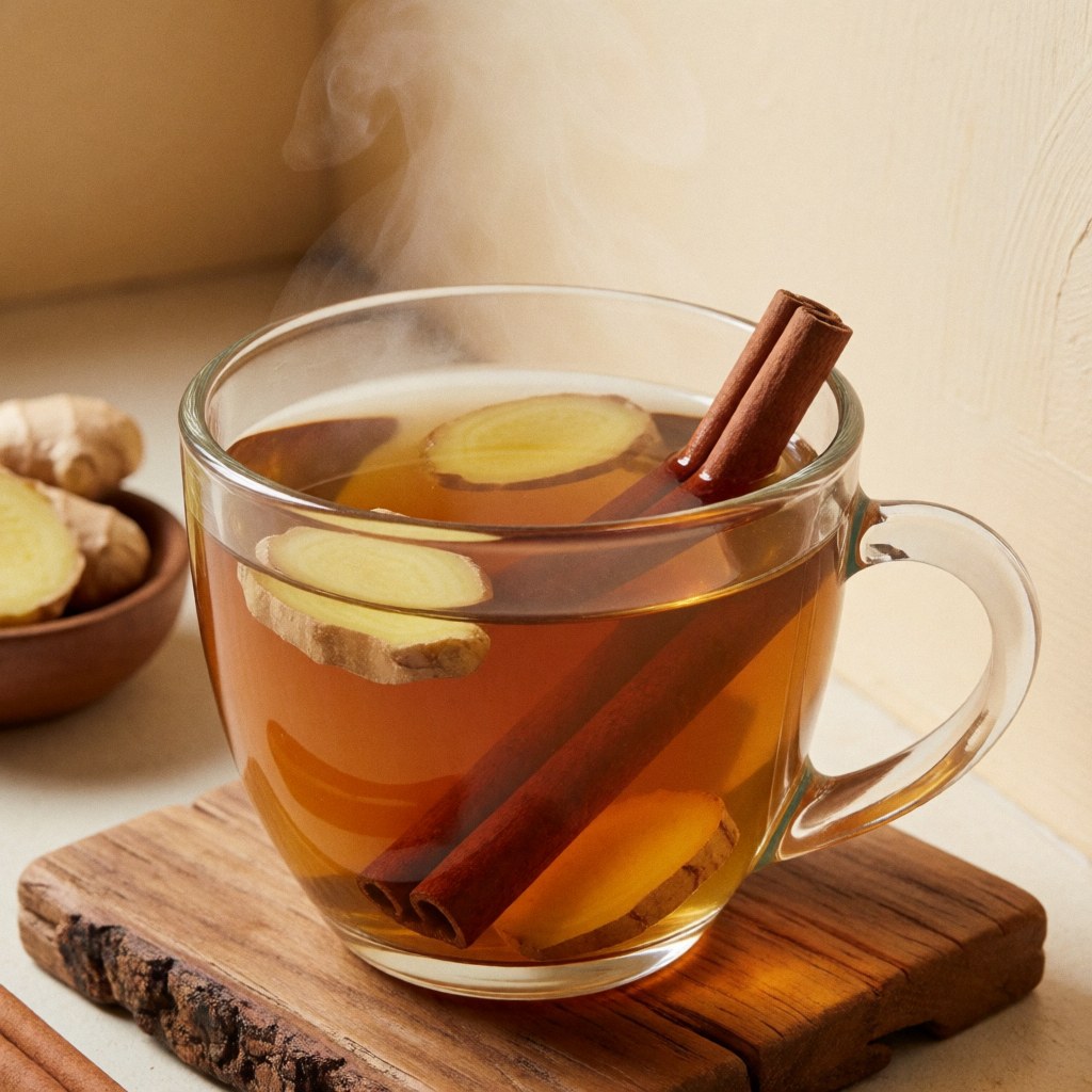 Une tasse en verre fumante contenant du thé aux épices posée sur un sous-verre en bois rustique, évoquant chaleur et bien-être.