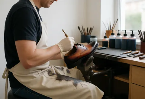 Un cordonnier portant gants et tablier applique de la teinture sur un soulier posé sur un établi dans un atelier bien éclairé par la lumière naturelle.