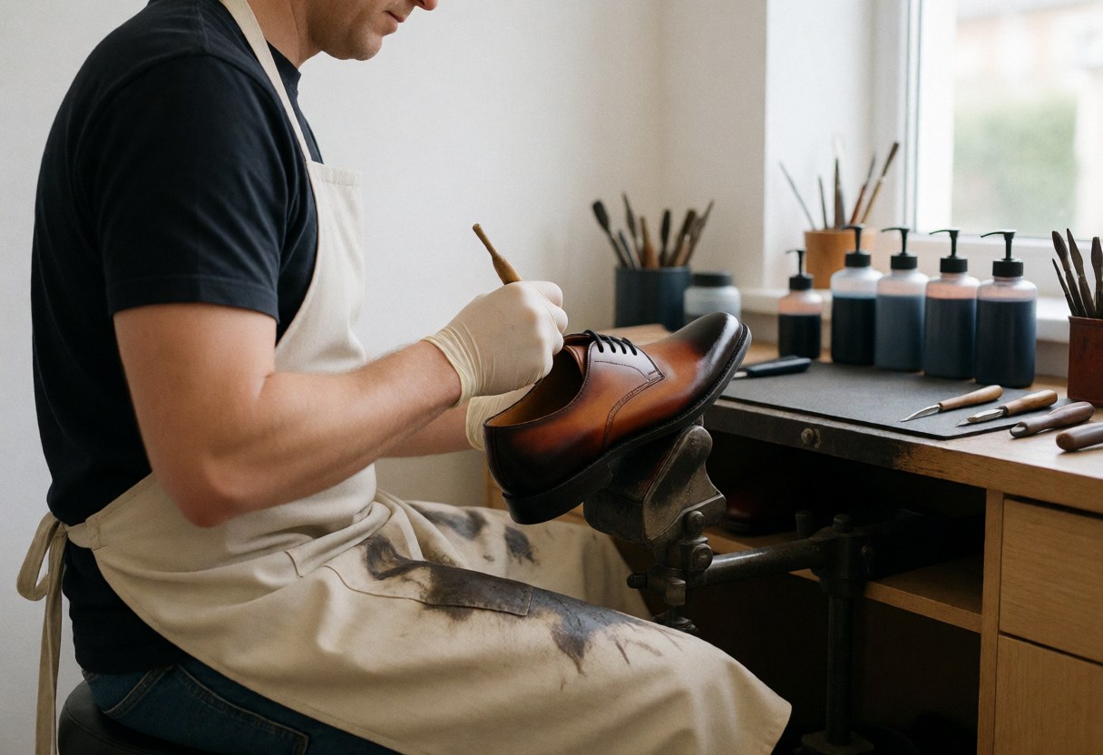Un cordonnier portant gants et tablier applique de la teinture sur un soulier posé sur un établi dans un atelier bien éclairé par la lumière naturelle.