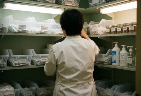 Dos d'une personne rangeant des boîtes d'aiguilles, herbes et produits de nettoyage sur des étagères dans un cabinet aux murs verts.