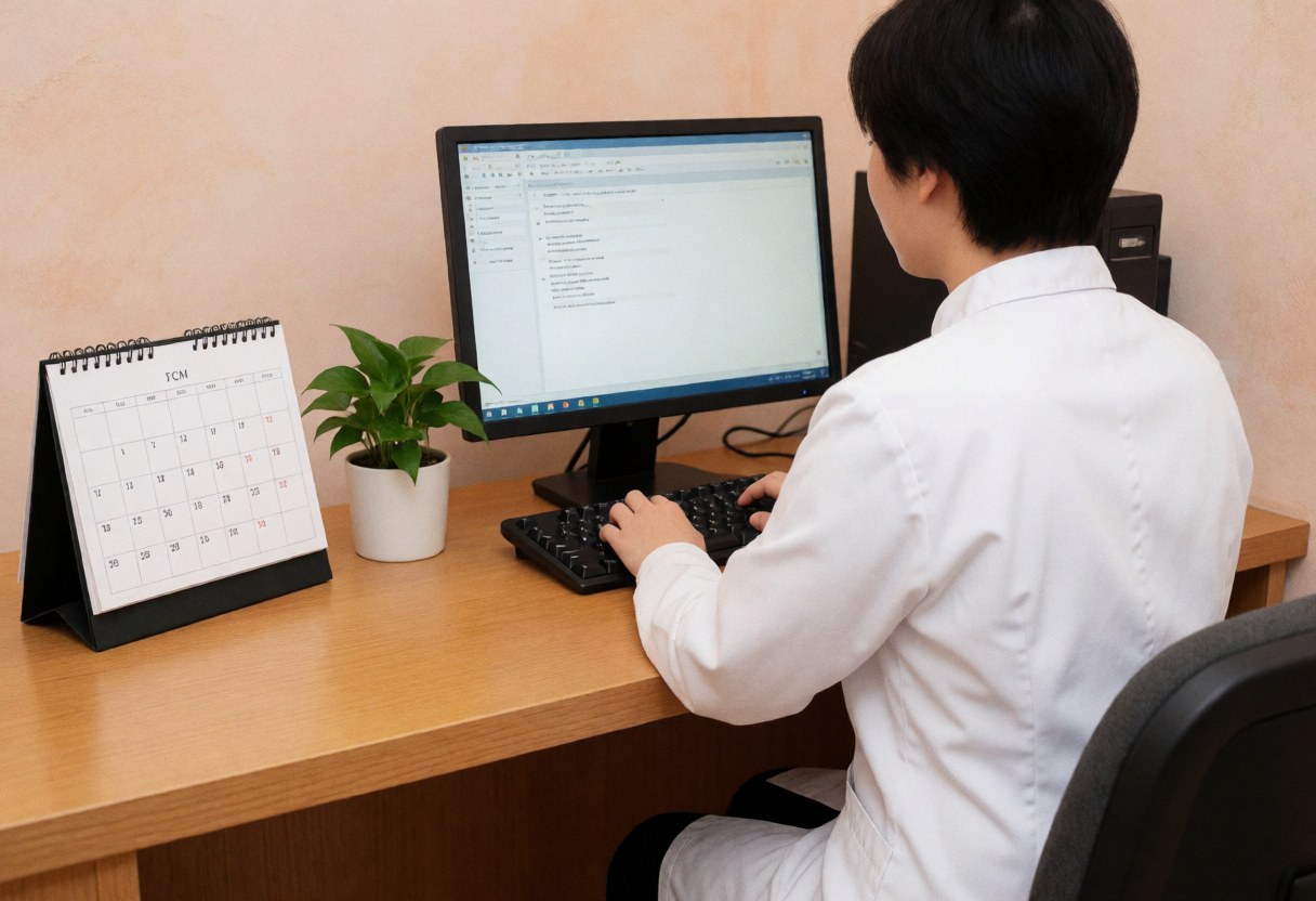 Une réceptionniste en uniforme blanc utilise un ordinateur dans une réception calme avec murs terracotta, plante verte et calendrier.