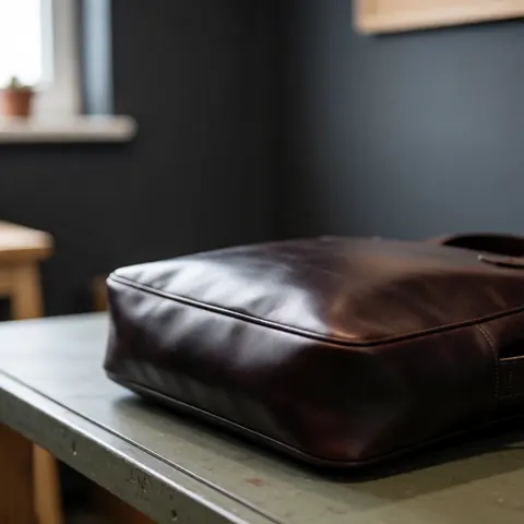 Un sac à main en cuir brun est disposé sur une table de travail dans un atelier, entouré d'outils de maroquinerie pour la fabrication artisanale.