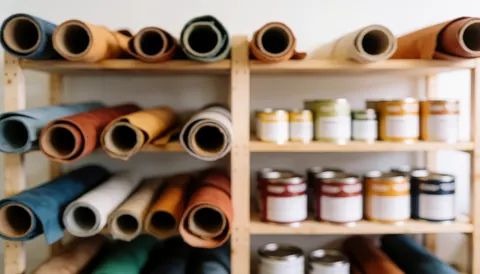 Étagère en bois contenant des objets en cuir et des boîtes, recouverte de poussière, servant de fond neutre et texturé pour la publicité ou le texte.