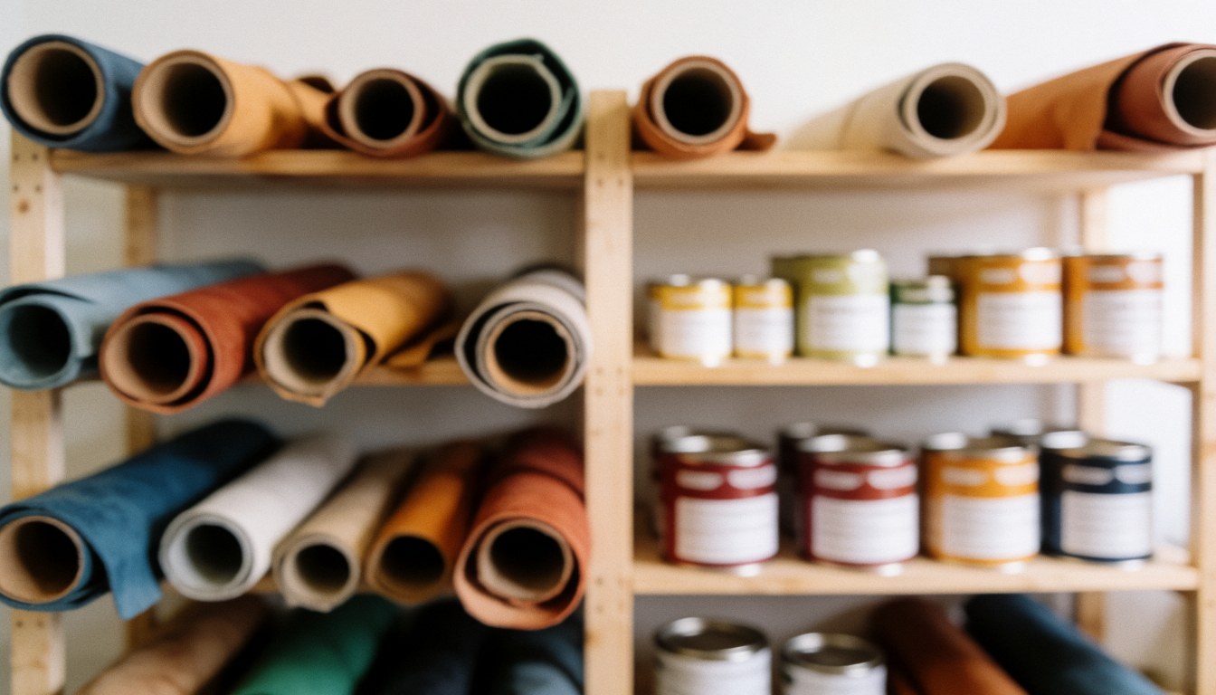 Étagère en bois contenant des objets en cuir et des boîtes, recouverte de poussière, servant de fond neutre et texturé pour la publicité ou le texte.