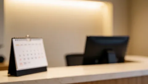 Vue d'un espace de réception professionnel avec un bureau en bois clair, une chaise, un ordinateur et des éléments décoratifs sur fond blanc lumineux.