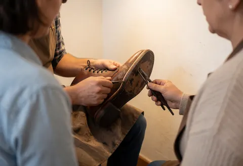 Un cordonnier pose une nouvelle semelle sur une chaussure en utilisant un adhésif et des outils pour assurer une réparation de qualité.