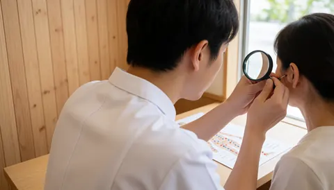 Un praticien en uniforme blanc utilise une loupe pour examiner l'oreille d'un patient sur une table, dans un cabinet aux murs en bois et à la lumière naturelle.