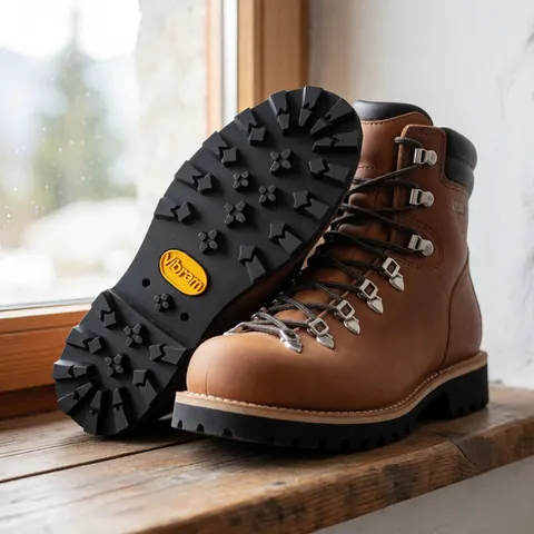 Bottes de montagne robustes posées sur une étagère en bois près d'une fenêtre, mettant en valeur leur design technique et leur matière.