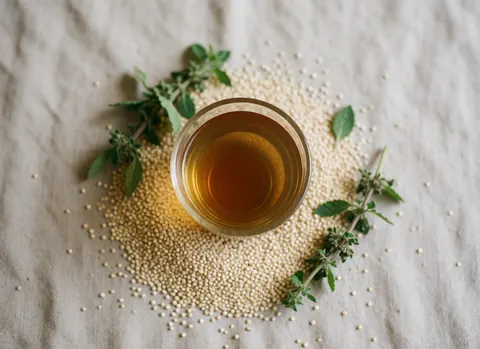 Tasse de tisane contenant du quinoa et des herbes andines posée sur un tissu en lin, évoquant les soins naturels et le bien-être.
