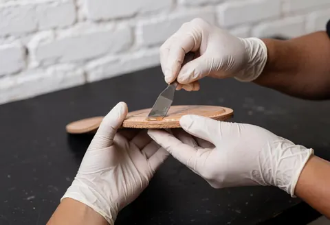 Mains gantées utilisant une spatule pour appliquer un adhésif sur une semelle de chaussure lors d'un travail artisanal.