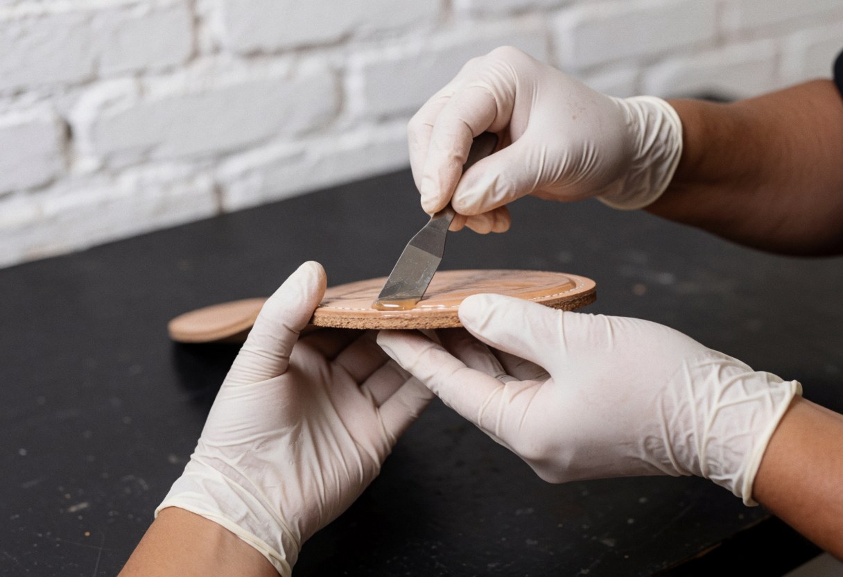 Mains gantées utilisant une spatule pour appliquer un adhésif sur une semelle de chaussure lors d'un travail artisanal.