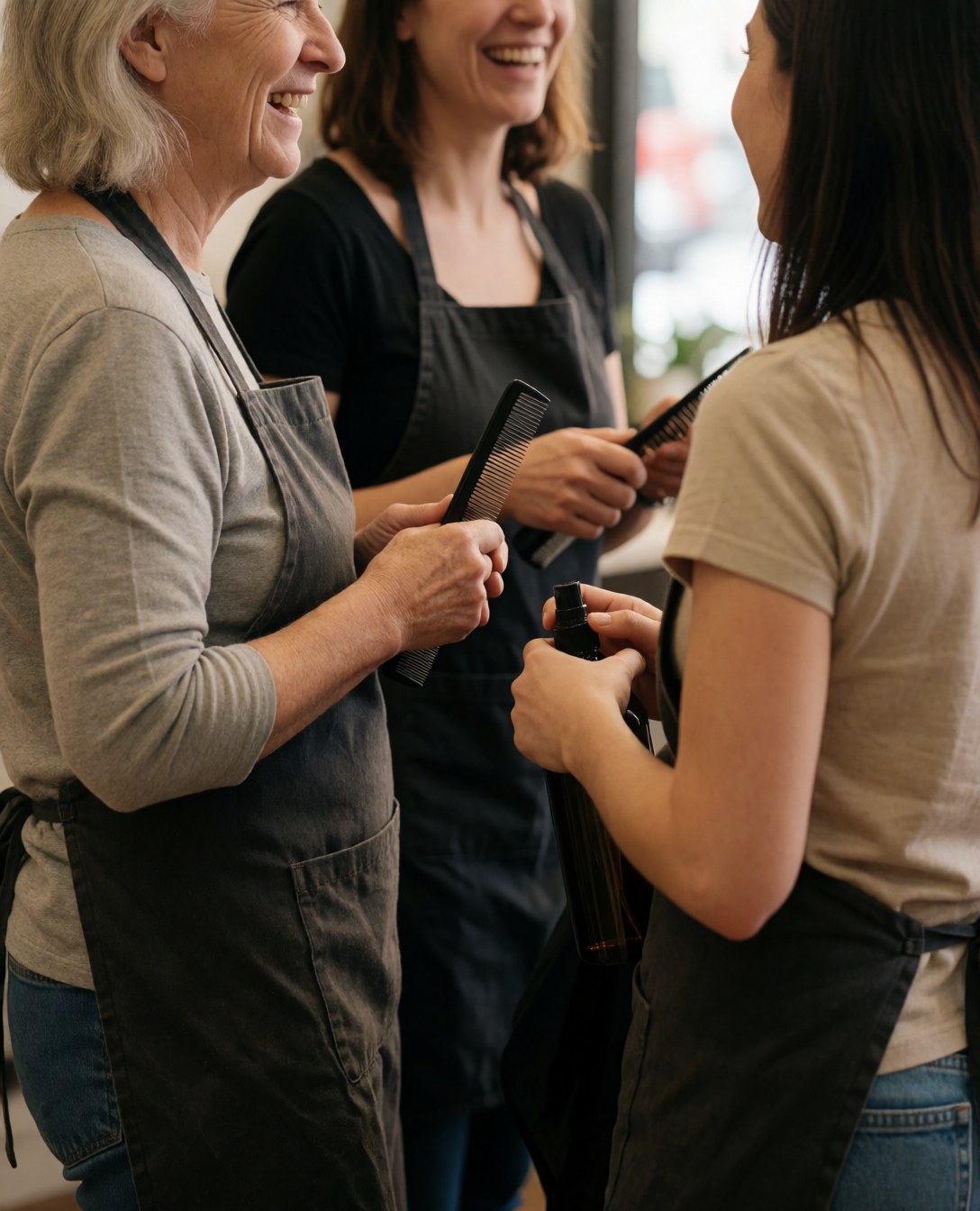 Groupe de professionnels de la coiffure travaillant ensemble dans un salon avec des outils et souriant.