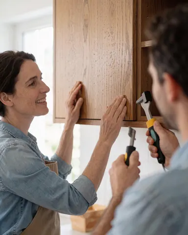 Une cliente satisfaite regarde ses nouveaux meubles dans une maison moderne.