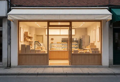 Vue extérieure d'une façade de boulangerie avec une vitrine exposant des produits de pâtisserie, une porte en bois et un ciel clair.