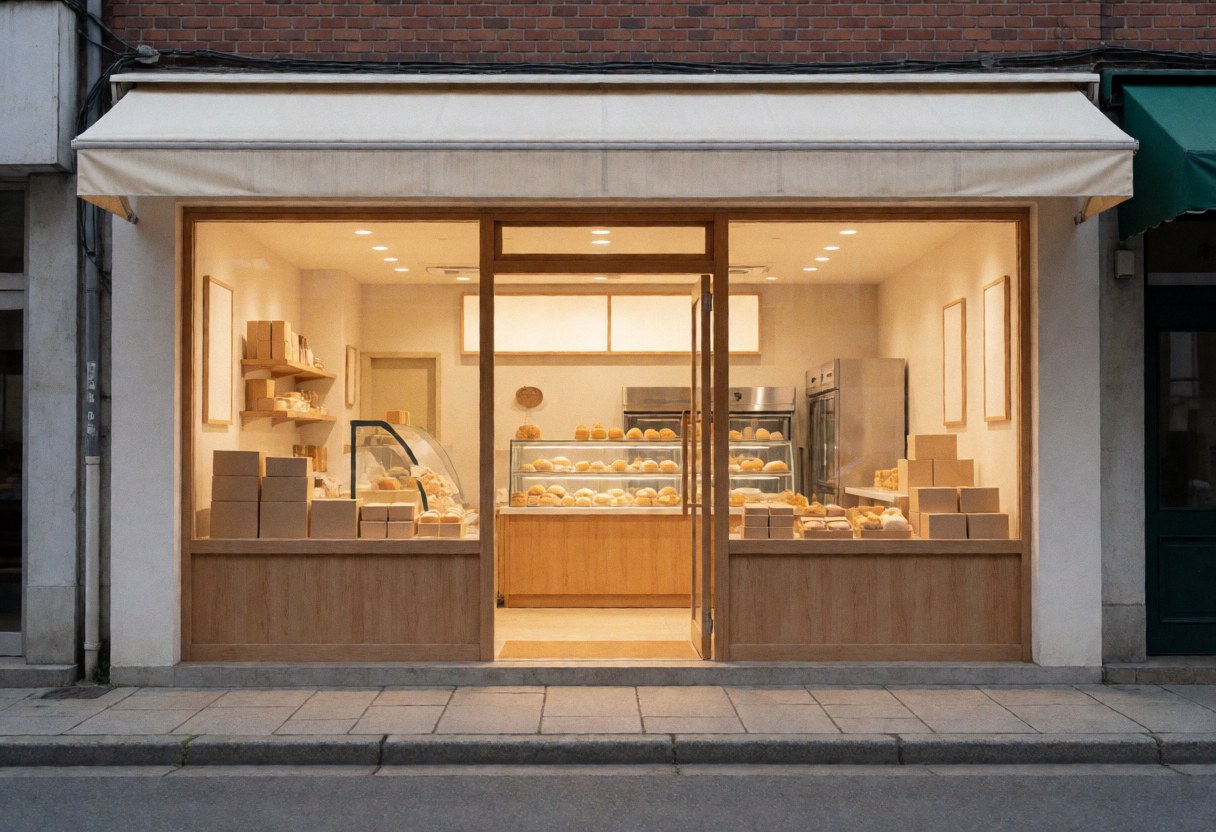 Vue extérieure d'une façade de boulangerie avec une vitrine exposant des produits de pâtisserie, une porte en bois et un ciel clair.
