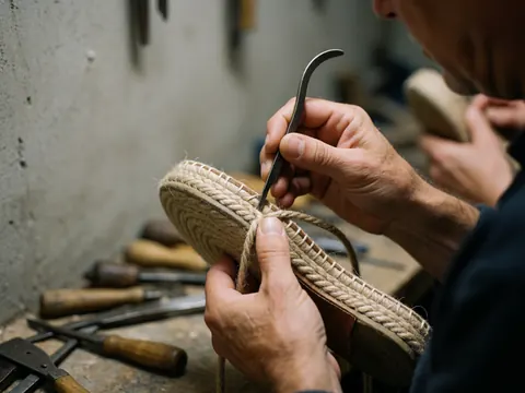 Gros plan montrant la couture manuelle d'une espadrille avec du cuir et de la jute, réalisée par un artisan cordonnier.
