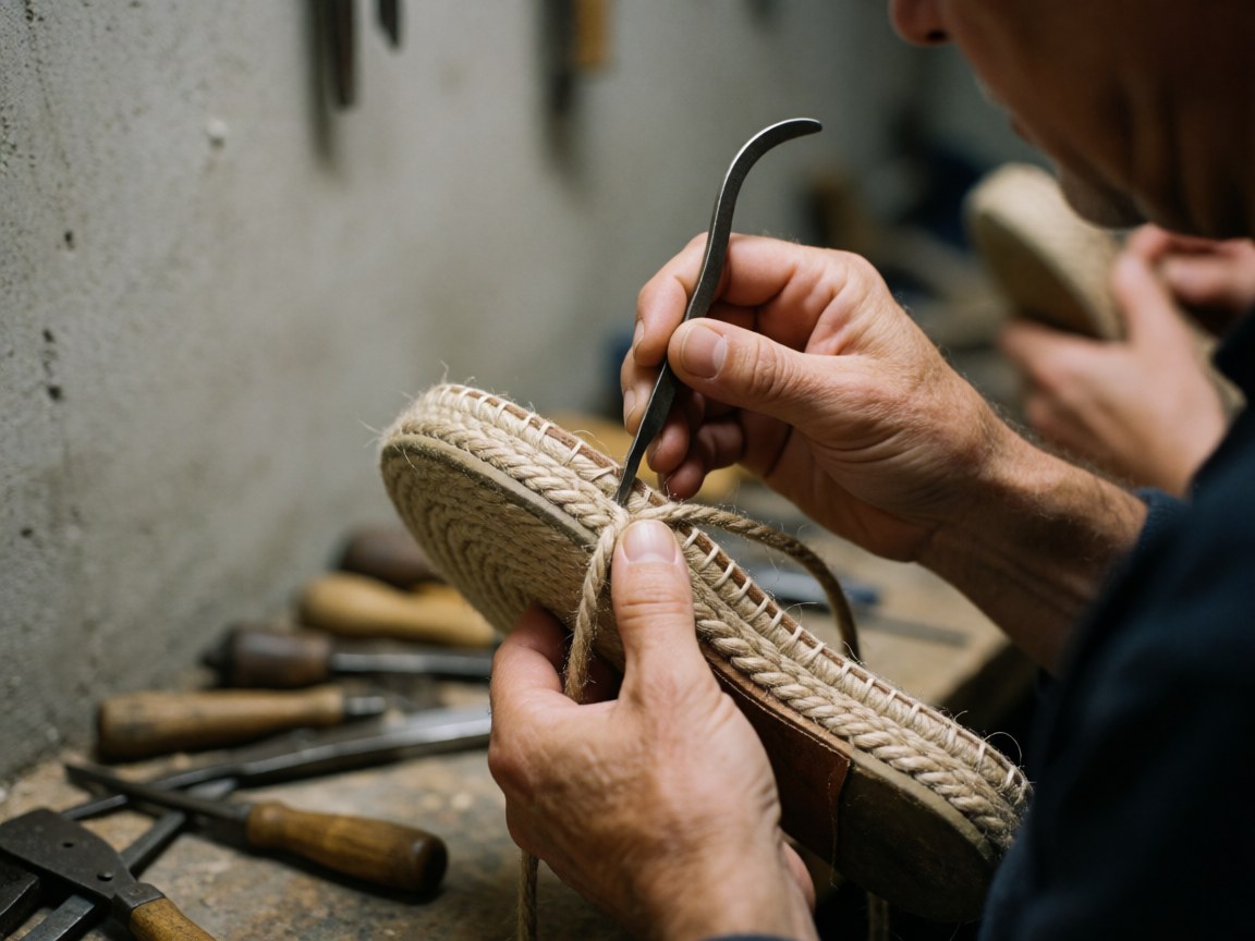Gros plan montrant la couture manuelle d'une espadrille avec du cuir et de la jute, réalisée par un artisan cordonnier.