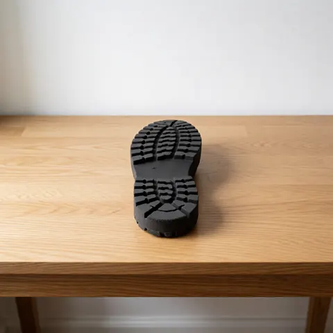 Vue de dessus d'une semelle de chaussure noire et blanche en caoutchouc sur une table en bois de chêne, montrant le motif et la texture du produit industriel.