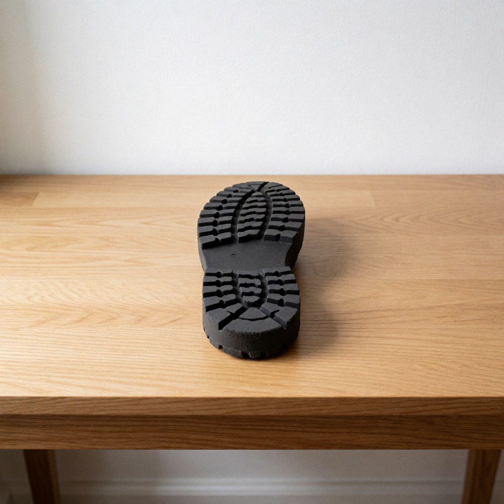 Vue de dessus d'une semelle de chaussure noire et blanche en caoutchouc sur une table en bois de chêne, montrant le motif et la texture du produit industriel.