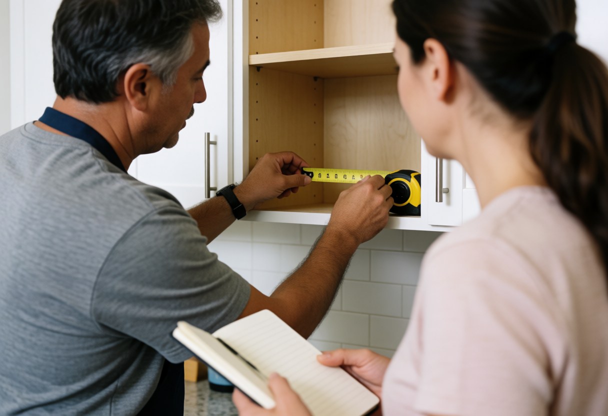 Un menuisier utilise un mètre ruban pour mesurer l'espace d'un placard dans une cuisine moderne tandis qu'un client observe avec un carnet à la main.
