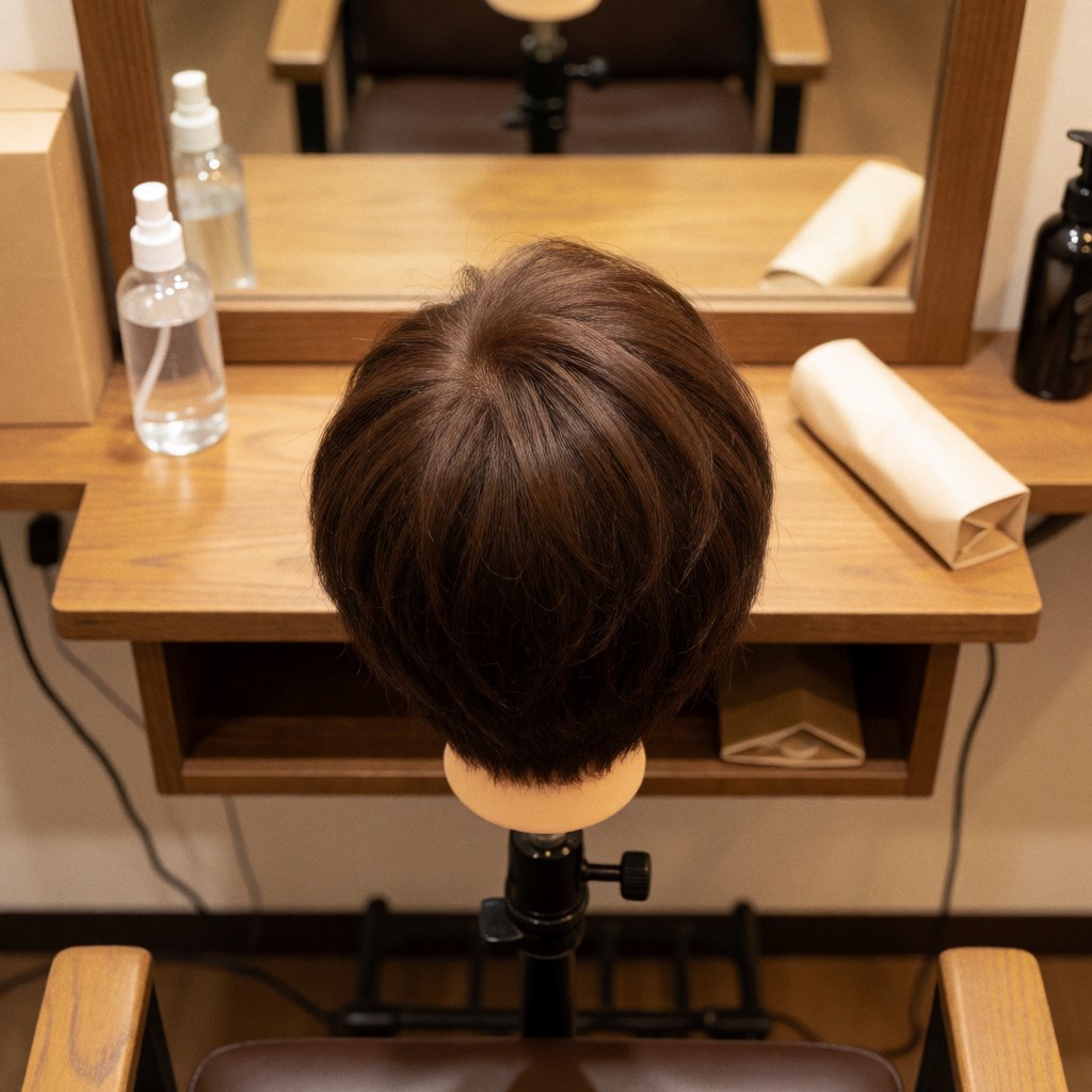 Cheveux stylisés sur mannequin posé sur une station de coiffure avec miroir, spray et tissu sous un éclairage chaleureux.