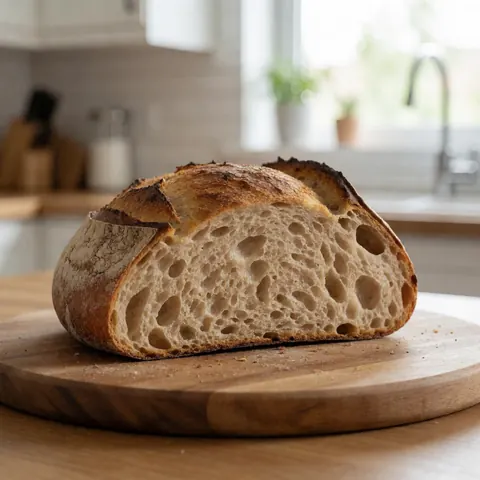 Miche de pain au levain coupée en deux révélant sa mie alvéolée, posée sur un plateau en bois dans une cuisine moderne baignée de lumière naturelle.