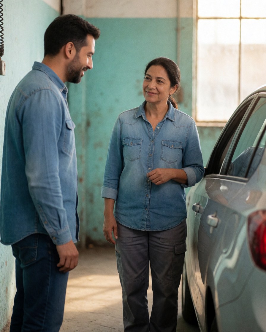 Un client souriant examine sa voiture dans un garage avec des murs turquoise et une lumière naturelle.