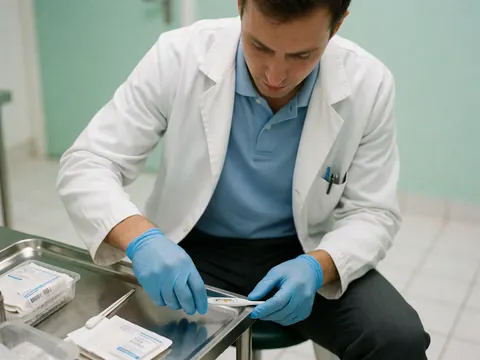 Un médecin portant des gants bleus manipule un thermomètre sur une tablette métallique, dans un environnement clinique propre et ordonné avec des murs verts et un sol blanc.