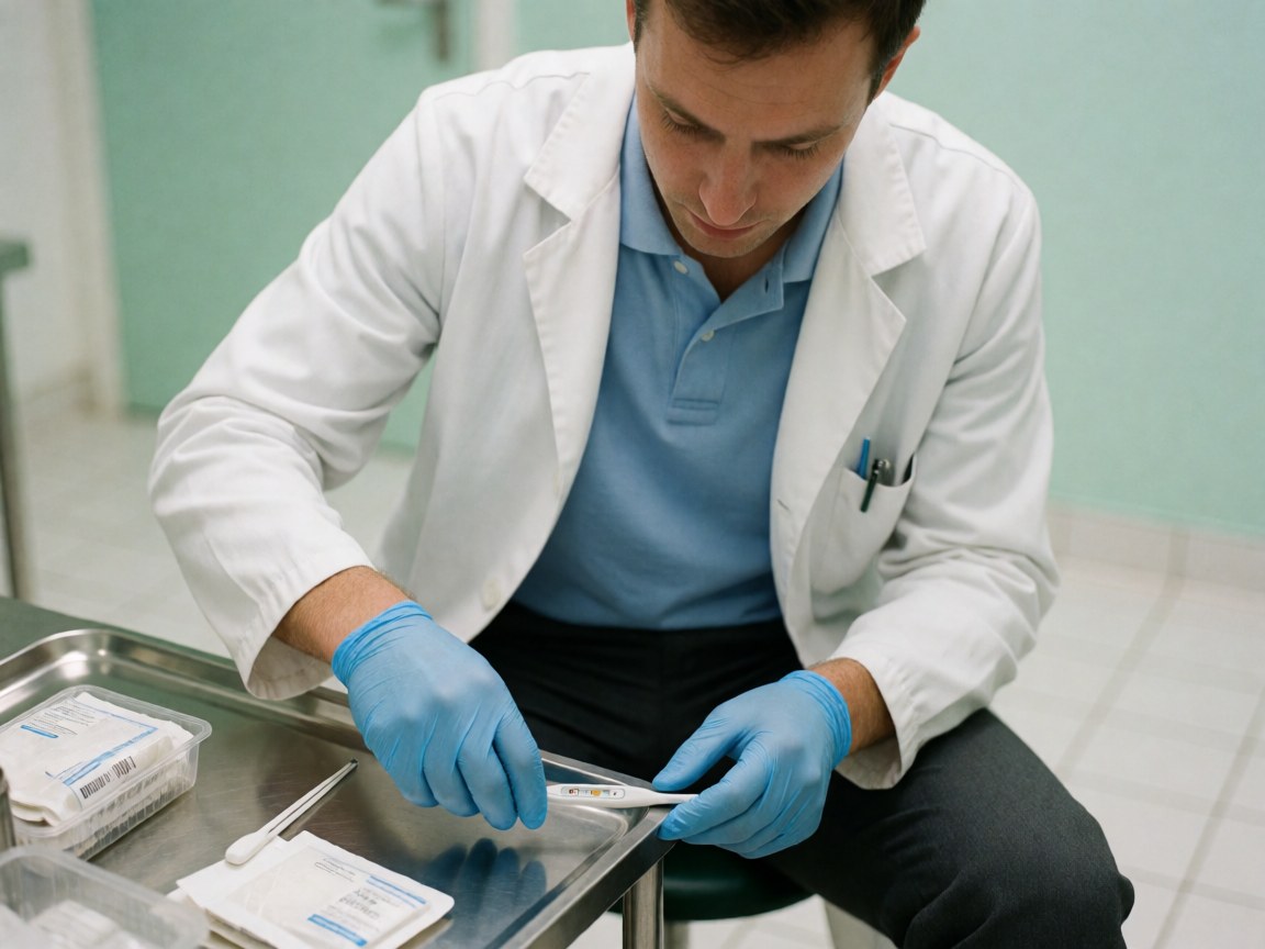 Un médecin portant des gants bleus manipule un thermomètre sur une tablette métallique, dans un environnement clinique propre et ordonné avec des murs verts et un sol blanc.