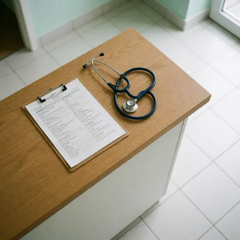 Vue d'ensemble d'instruments médicaux disposés sur une table en bois clair dans un environnement de clinique.