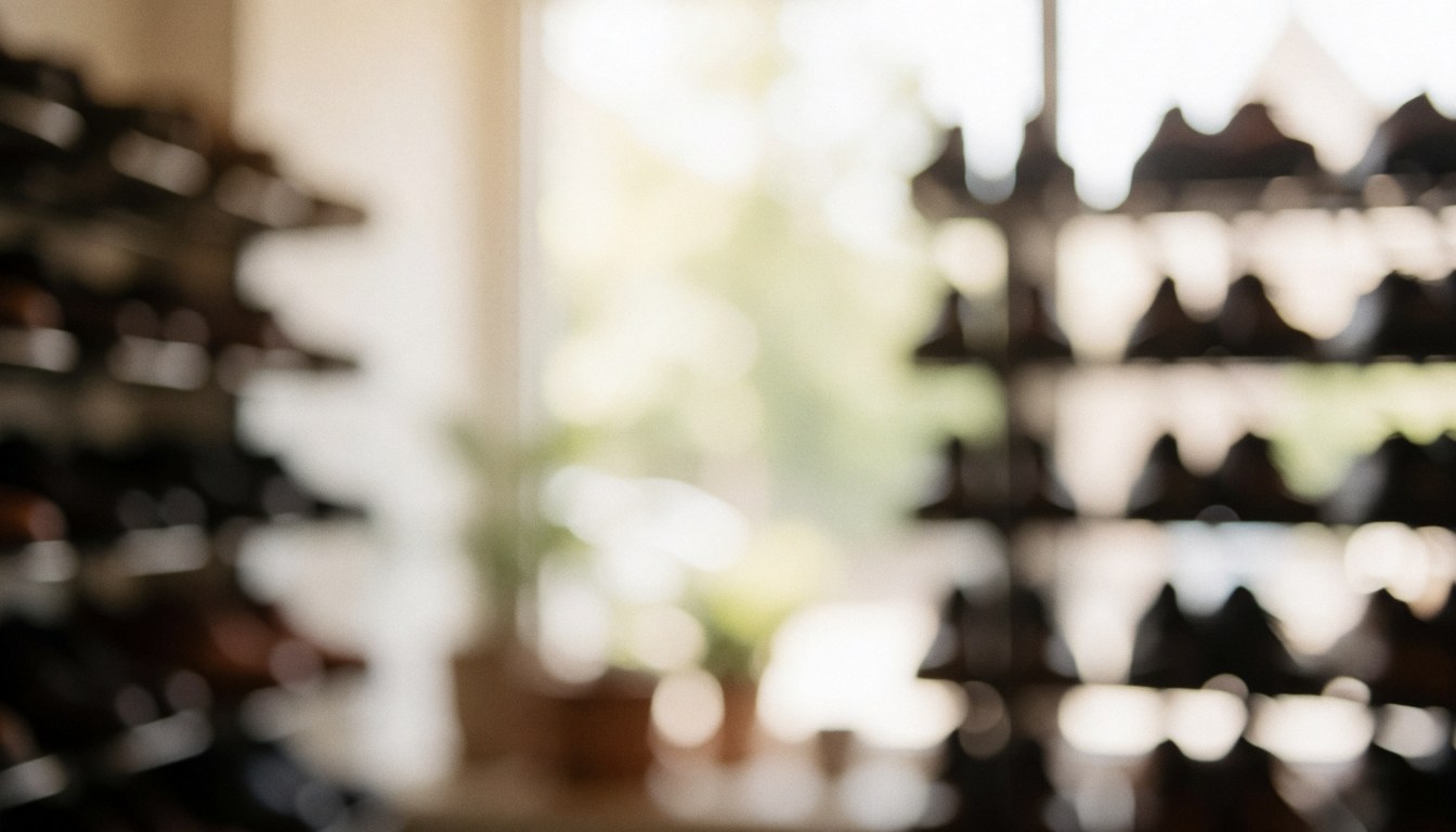 Fond neutre et flou de chaussures suspendues sur des cintres, évoquant un espace de séchage naturel et professionnel pour le secteur du commerce de détail.