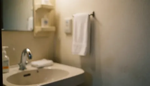 Arrière-plan d'une salle de bain avec lavabo, robinet chromé et serviette blanche suspendue, idéal pour superposer du texte.