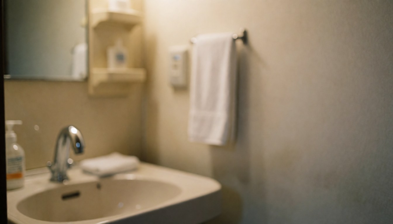 Arrière-plan d'une salle de bain avec lavabo, robinet chromé et serviette blanche suspendue, idéal pour superposer du texte.